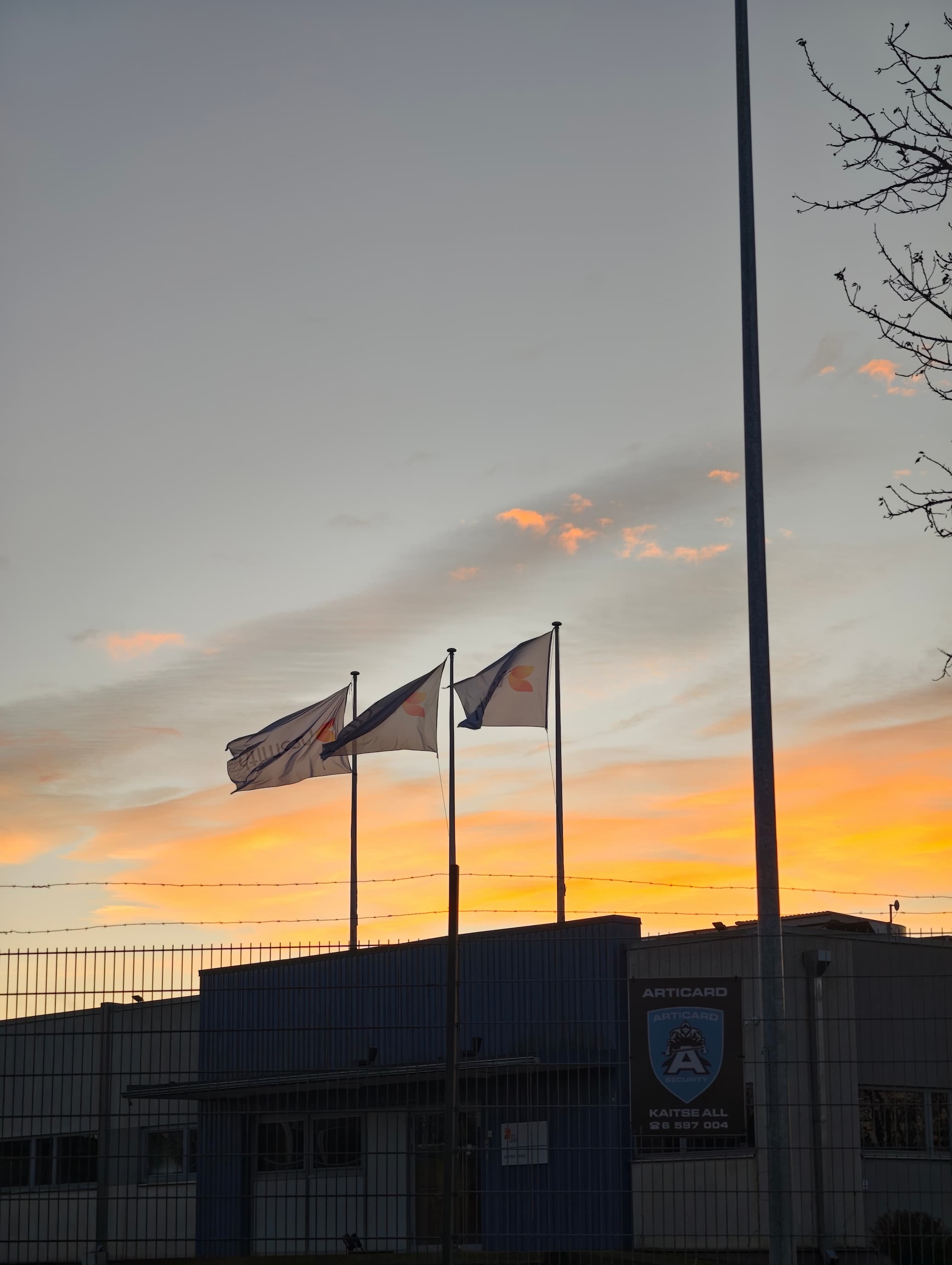 Three flags on sunrise